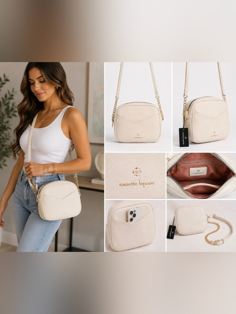 NWT Nanette Lepore Ivory Pebbled Faux Leather Camera Crossbody Bag Gold Chain - Picture 2 of 9